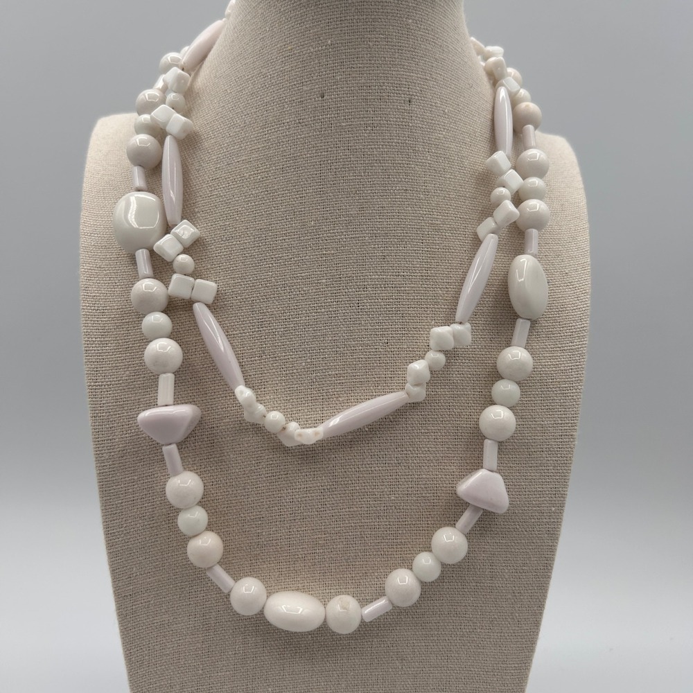 White Beaded Double Strand Necklace Silver Tone Toggle Clasp Geometric 18"